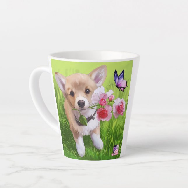 Caneca De Café Latte Cachorro bonito com rosa flores (Ângulo esquerdo)
