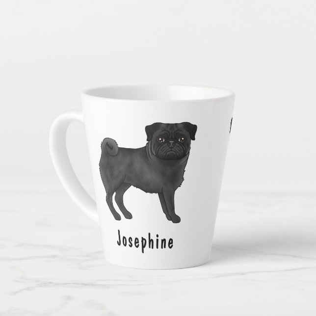 Caneca De Café Latte Cachorro de Cartoon de Pug Negro Com Nome Personal (Ângulo esquerdo)