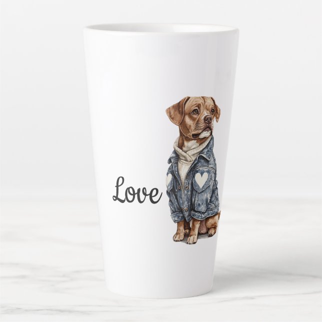 Caneca De Café Latte Cachorro na Jaqueta de Denim Azul (Frente)