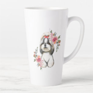 Caneca De Café Latte Cachorro Shih Tzu Cute com Flores e Arte Watercolo