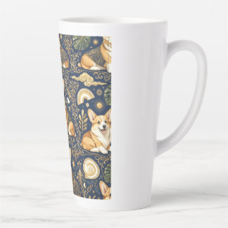 Caneca De Café Latte Cães Corgi Elegantes Padrão Damasco Dourado Azul N