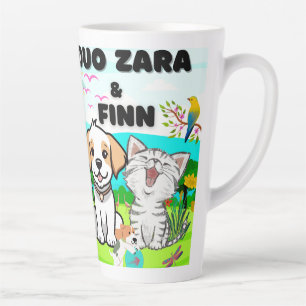 Caneca De Café Latte Cães, Gatos, Delitos De Penas Entre A Natureza