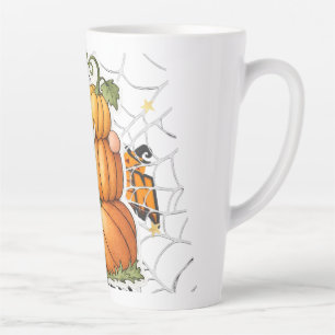 Caneca De Café Latte Café com Gnomo de Outono Fofo e Abóboras Empilhada