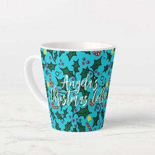 Caneca De Café Latte Café de Natal em Azul Água com Nome no Desenho