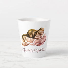 Caneca De Café Latte Café E Um Gato De Boa Leitura Deitado Na Pilha De 