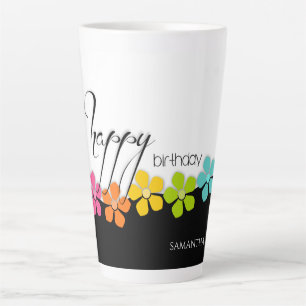 Caneca De Café Latte Caligrafia colorida de aniversário preto e branco