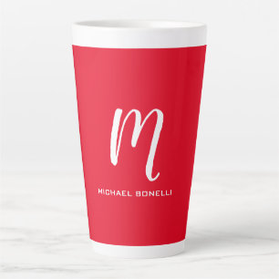 Caneca De Café Latte Caligrafia monograma branco na moda vermelho seu n