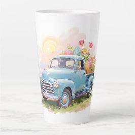 Caneca De Café Latte Caminhão Azul Vintage com Ovos de Páscoa & Tulipas