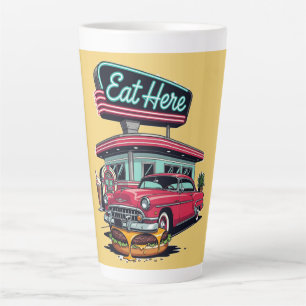 Caneca De Café Latte Camiseta Retro Diner Eat Here Classic Car Burger