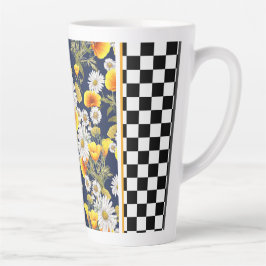 Caneca De Café Latte Camomiles Poppies e Checkerboard