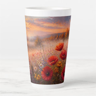 Caneca De Café Latte Campo de Papoulas ao Pôr do Sol Pintura Impression
