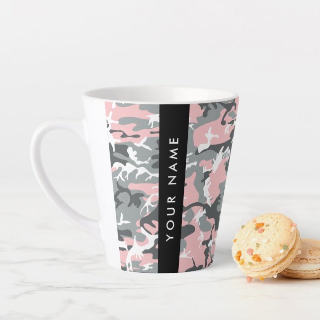 Caneca De Café Latte Camuflagem Rosa e Cinza Personalize seu nome (In Situ)