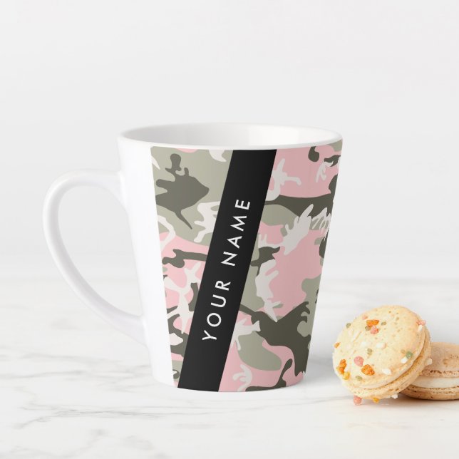 Caneca De Café Latte Camuflagem Rosa e Verde Personalize seu nome (In Situ)
