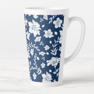 Caneca De Café Latte Caneca de Latte Floral Branca com Fundo Azul Marin