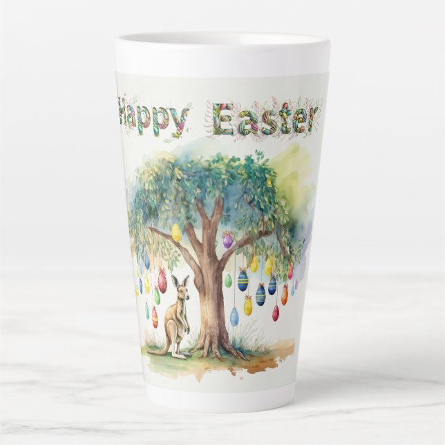 Caneca De Café Latte Canguru sob a gomeira com ovos de Páscoa (Frente)