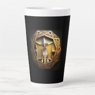Caneca De Café Latte Cão Boxer Marrom e Branco em uma Moldura Futurista