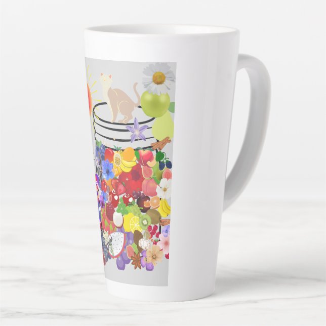 Caneca De Café Latte cão, gato, frutas e flores (Ângulo direito)