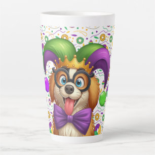 Caneca De Café Latte Cãozinho bonito Mardi Gras com chapéu de gester