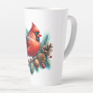 Caneca De Café Latte Cardinal em galho de pinheiro com bagas de inverno