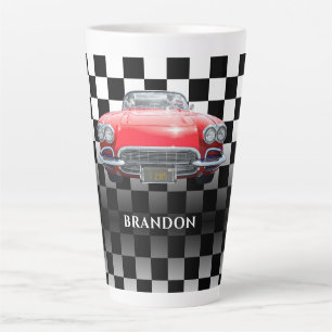 Caneca De Café Latte Carro Esportivo Vermelho, Nome Branco, Xadrez Pret