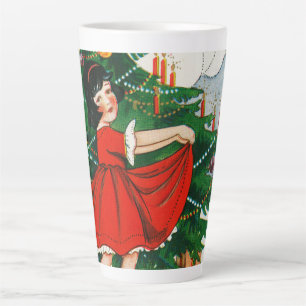 Caneca De Café Latte Cartão postal de Natal retrô, criança e árvore de