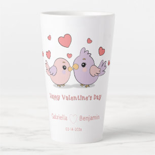 Caneca De Café Latte Cartoon bonito pombinhos Corações Rosa Dia do Namo