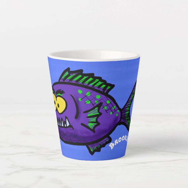 Caneca De Café Latte Cartoon de peixe Piranha (Frente)