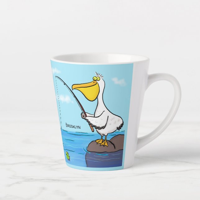 Caneca De Café Latte Cartoon pelicano de pesca engraçado (Direita)