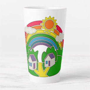 Caneca De Café Latte Cartoon rural com arco-íris e casa de campo
