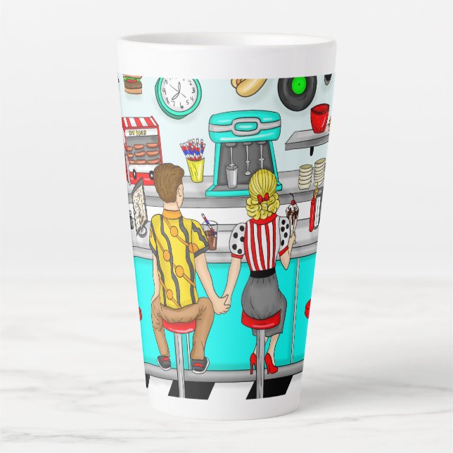 Caneca De Café Latte casal de 1950 segurando mãos no jantar (Frente)