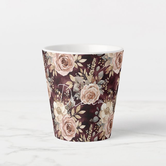 Caneca De Café Latte Casamento Floral Burgundy Red Blush (Frente)