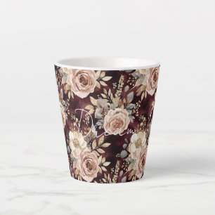 Caneca De Café Latte Casamento Floral Rosa Choque Vermelho Borgonha