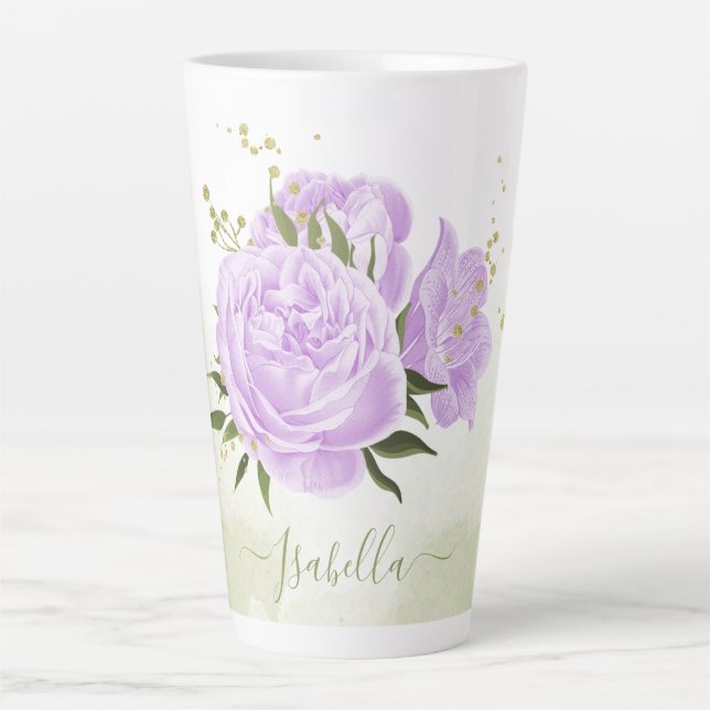 Caneca De Café Latte casamento romântico de flores roxas lilás (Frente)