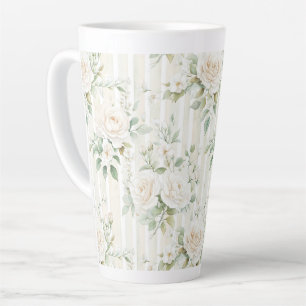 Caneca De Café Latte Casamento Romântico Floral Branca em Stripes Branc
