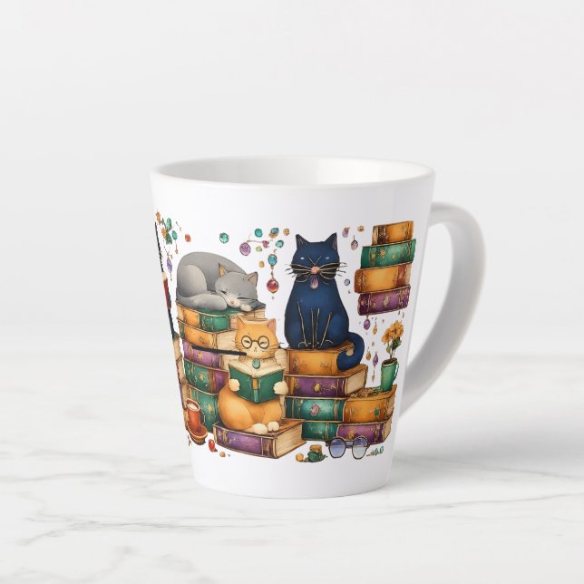 Caneca De Café Latte Cats Reading Books Cozy Library Scene (Ângulo direito)