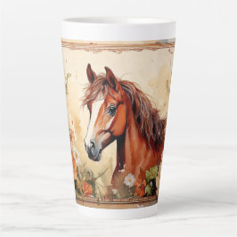Caneca De Café Latte Cavalo castanho e flores silvestres