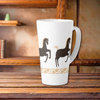 Caneca De Café Latte Cavalo de Arte Folclórica Dourada Preta