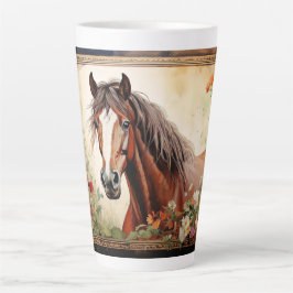 Caneca De Café Latte Cavalo de Baía e Flores Selvagens