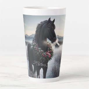 Caneca De Café Latte Cavalo negro na neve com coroa de Natal