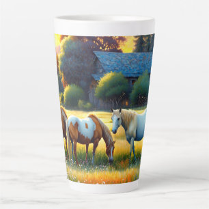 Caneca De Café Latte Cavalo no Prado de Flores Silvestres da Fazenda