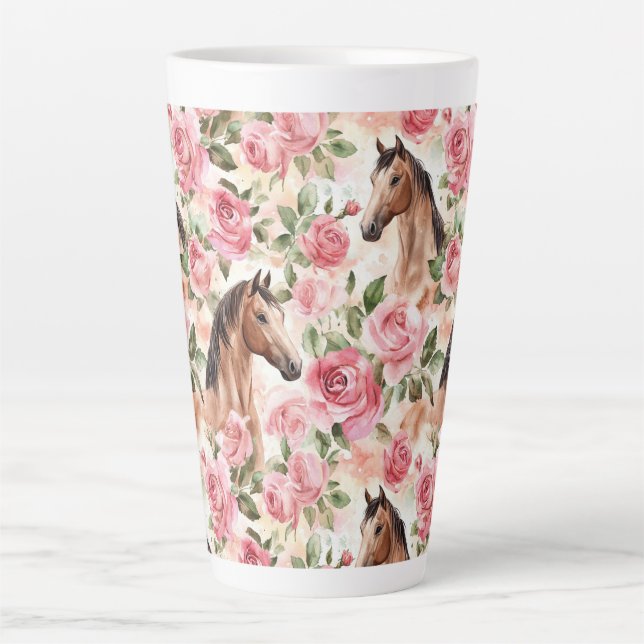 Caneca De Café Latte Cavalos Bonito Rosas Rosa Floral (Frente)