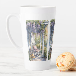 Caneca De Café Latte Cena da Cadeira de Balanço no Alpendre com Wisteri