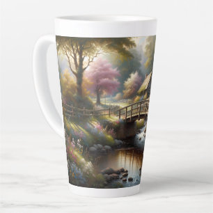 Caneca De Café Latte Cena de Cabana de Ponte da Primavera Cottagecore