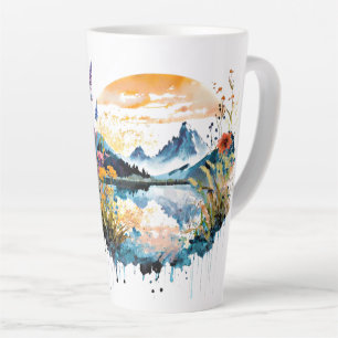 Caneca De Café Latte Cena de montanha em aquarela