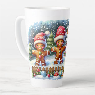Caneca De Café Latte Cena de Natal com Família de Pão de Mel na Neve