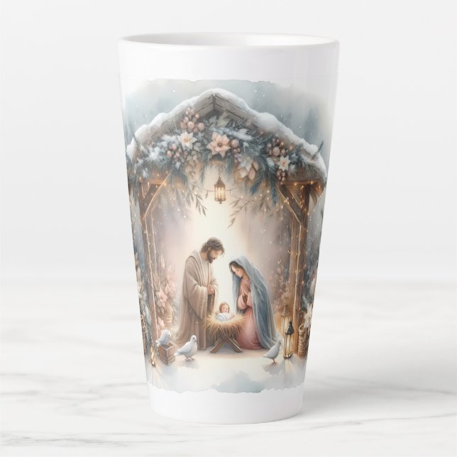 Caneca De Café Latte Cena de Natividade Russa com Florais de inverno (Frente)