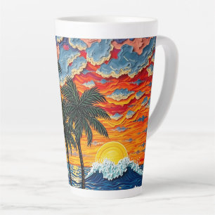 Caneca De Café Latte Cena de Praia Bonita com Palmeiras  