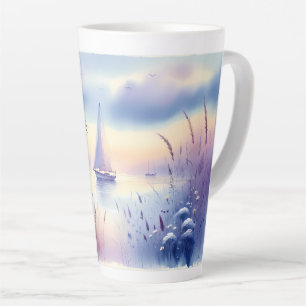 Caneca De Café Latte Cena Pastel de Barco à Vela à Beira-Mar