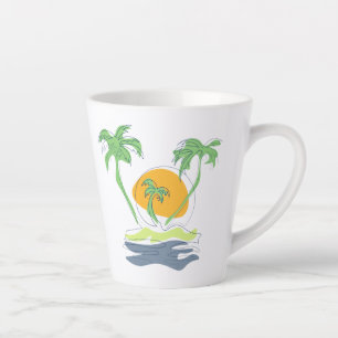 Caneca De Café Latte Cenário de praia de ilha tropical. Contorno de pal