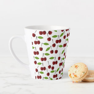 Caneca De Café Latte Cereja Vermelha, Padrão De Cerejas, Folhas, Fruta